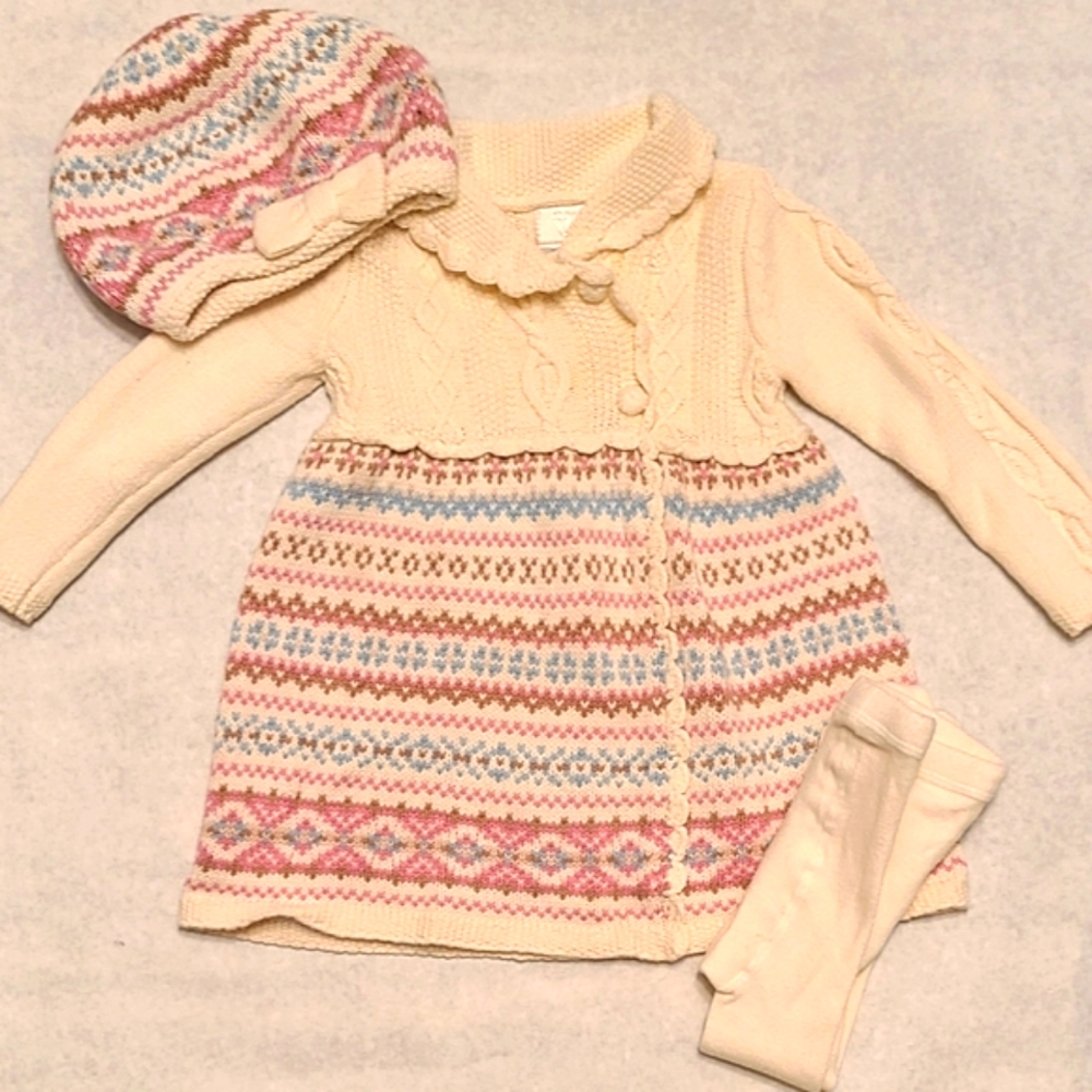 Three Piece set includes knit sweater dress, matching hat and tights